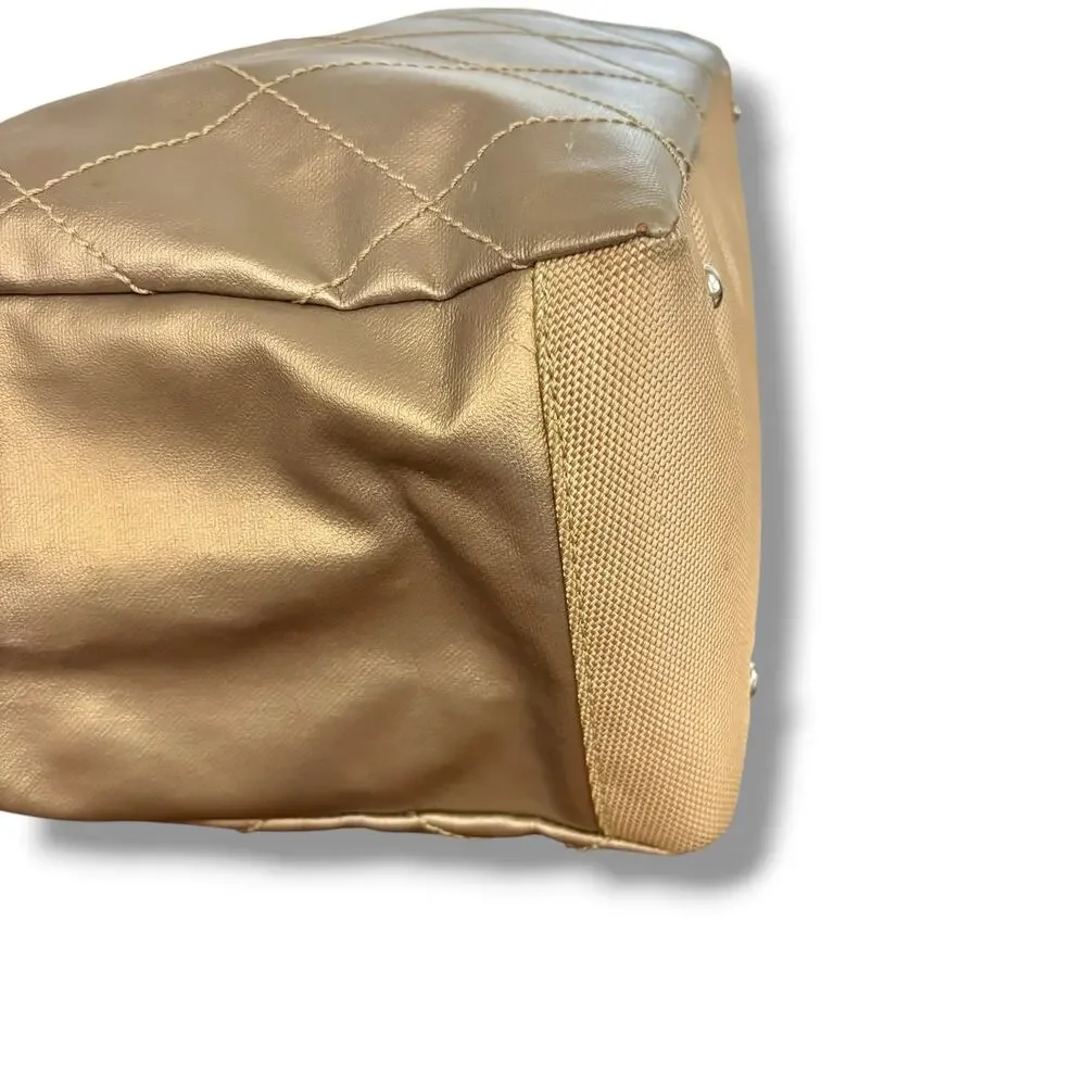 Authentic Chanel Paris Biarritz CC Large Tote Bag Gold Tan Coated Canvas Handbag